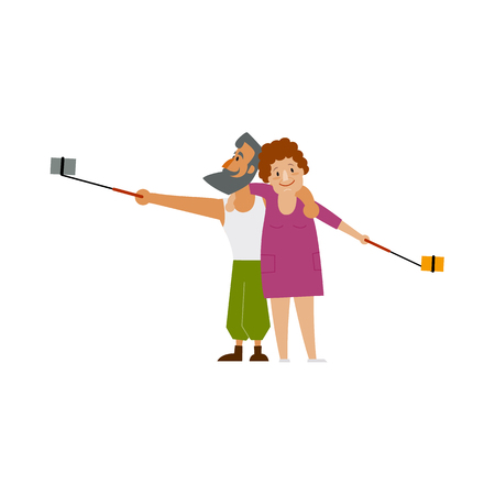 Adult couple, bearded man and plump woman making selfie with phone and monopod on vacation, flat style cartoon vector illustration isolated on white background. Adult couple, man and woman make selfieのイラスト素材