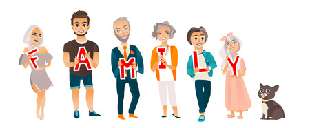 Grandparents, parents and kids holding boards with letters of word FAMILY, flat cartoon vector illustration on white background. Happy flat cartoon people holding letters of word Familyのイラスト素材