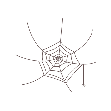 Simple black and white round web with a little, tiny spider hanging from it, isolated cartoon vector illustration. Little spider hanging from its web, Halloween symbol, decoration elementのイラスト素材