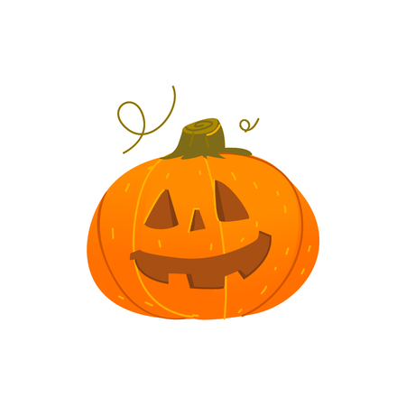 Cute smiling, grinning Halloween pumpkin jack-o-lantern with triangular eyes and funny teeth, cartoon vector illustration isolated on white background. Halloween pumpkin lantern with smiling faceのイラスト素材