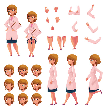 Woman, doctor in medical coat creation set with choice of poses, gestures, emotions, cartoon vector illustration on white background. Doctor creation set, constructor, changeable face, legs, armsのイラスト素材