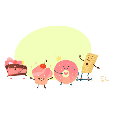 Cartoon illustration of desserts with happy facesのイラスト素材
