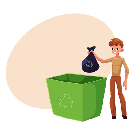 Young man putting garbage bag into trash bin, waste recycling concept, cartoon vector illustration with space for text. Full length portrait of man throwing garbage bag into trash binのイラスト素材