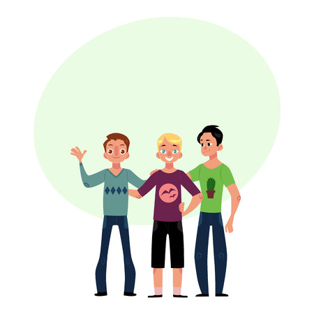 Male friendship concept two couple of boys, men, best friends hugging each other, cartoon vector illustration with space for text. Boys, men, friends standing and hugging each otherのイラスト素材