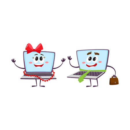 vector flat cartoon funny laptop humanized female girl character wearing red bow and beards smiling and notebook male with handbag and necktie. Isolated illustration on a white background.のイラスト素材