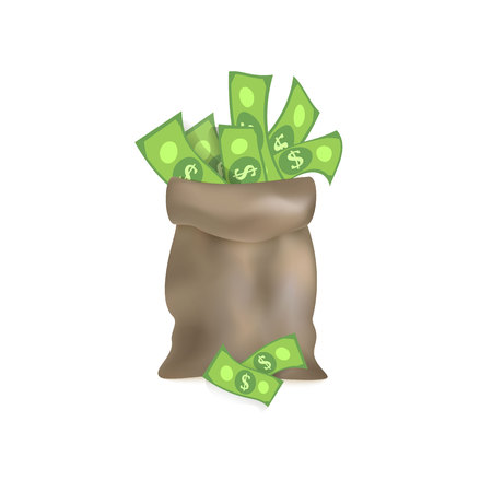 vector flat cartoon big bag with dollar cash. Plenty of money in grey sack. Isolated illustration on a white background. Sign of profit, easy money. Jackpot, bingo casino design posterのイラスト素材