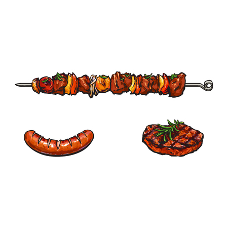 Grilled, barbequed meat on stick, steak and sausage, sketch style vector illustration on white background. Realistic hand drawing of grilled, barbequed meat  shish kebab, steak and sausageのイラスト素材