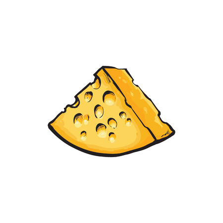 Vector sketch cartoon piece of yellow porous cheese with holes Isolated illustration on a white background. Healthy food dairy products, natural dieting conceptのイラスト素材