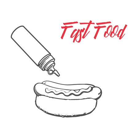 Vector sketch sausage hot dog with mustard sauce, ketchup squeeze bottles set. Fast food hand drawn cartoon isolated illustration on a white background. fresh sandwich with sauce and saladのイラスト素材