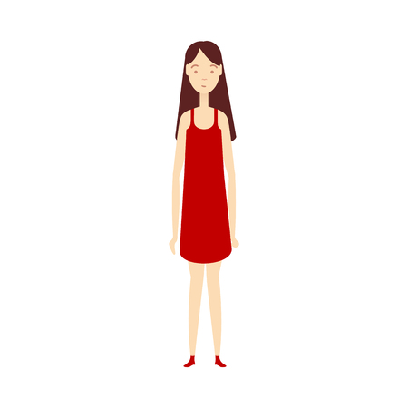 vector flat beautiful young girl in red dress. Isolated illustration on a white background. Long haircut brunette woman, full lenght portrait. Family character cartoon concept.のイラスト素材