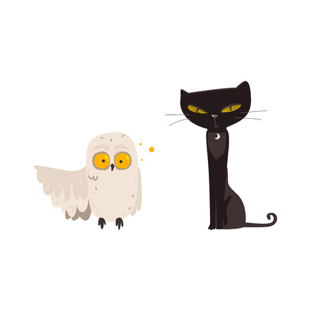 Spooky black cat and crazy looking owl, familiar spirits, animal guides, cartoon vector illustration isolated on white background. Cartoon black cat and white owl, Halloween decoration elementsのイラスト素材