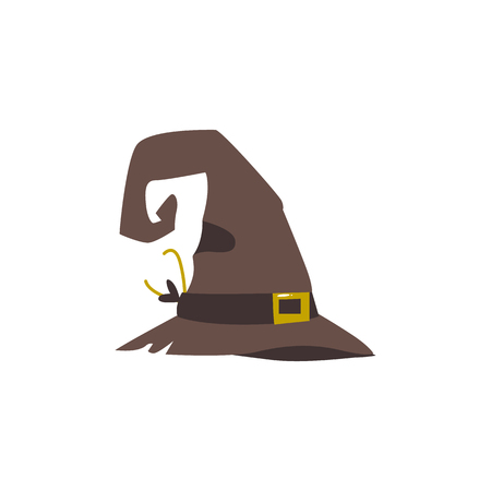 Old, shabby, worn out witch, wizrd pointed hat, Halloween decoration element, cartoon vector illustration isolated on white background. Cartoon old witch hat, Halloween object, decoration elementのイラスト素材