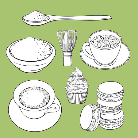 Set of matcha powder, wooden spoon and whisk, tea and latter cup, cupcake, macaroni, sketch vector illustration isolated on green background.のイラスト素材