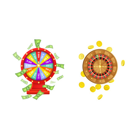 vector flat cartoon gambling lucky wheel of fortune with dollar rain around, casino roulette wheel with golden coins set. Isolated illustration on a white background. Sign of profit, easy money.のイラスト素材