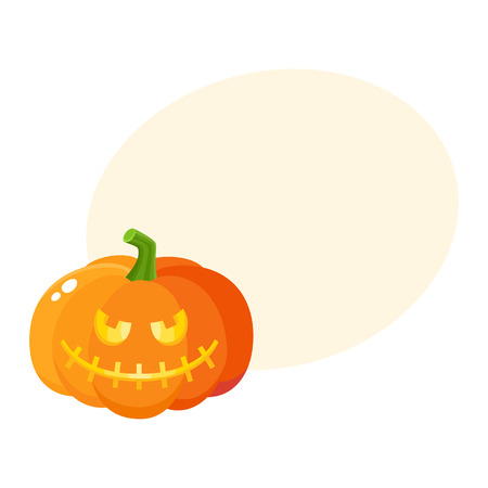 Laughing, grinning pumpkin jack-o-lantern with vampire teeth, Halloween symbol, cartoon vector illustration with space for text. Pumpkin lantern with grinning face, Halloween decorationのイラスト素材