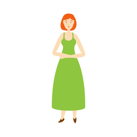 vector flat adult woman in green long dress isolated. Isolated illustration on a white background. Full lenght portrait. Family character cartoon conceptのイラスト素材