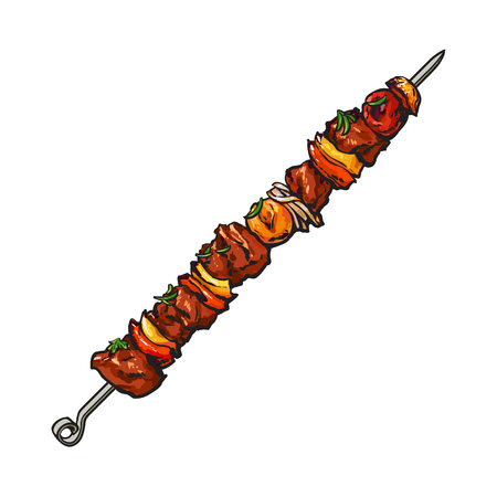 Freshly grilled, barbequed pork, beef, lamb meat, shashlik, shish kebab, sketch style vector illustration on white background. Realistic hand drawing of grilled, barbequed meat on stickのイラスト素材