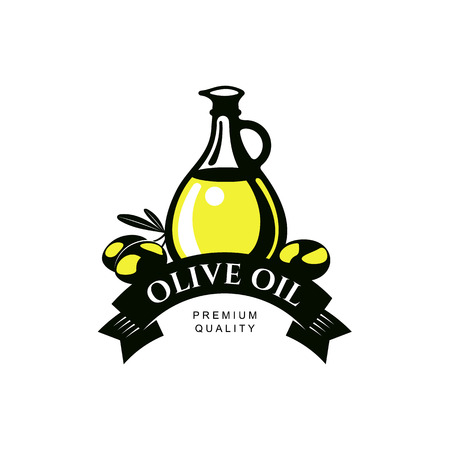vector olive oil logo icon brand concept with bottle, olive branch. Isolated illustration on a white background Fresh natural food, agriculture and healthy eating conceptのイラスト素材