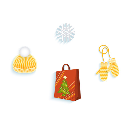 vector flat knitted winter cap with pompon, mitten gloves snowflake, shopping paper bag set. Illustration on a white background. Winter sybols conceptのイラスト素材