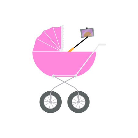 Newborn baby doing selfie with phone and monopod right out of the pram, carriage, cartoon vector illustration isolated on white background. Baby making selfie in the pram, modern lifestyle conceptのイラスト素材
