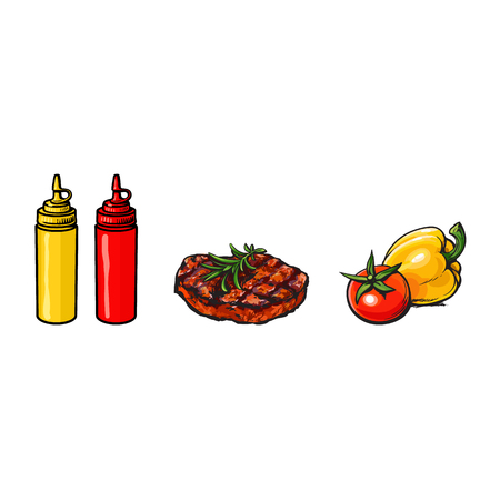 Beef, pork steak, vegetables, ketchup and mustard, healthy fast food concept, sketch vector illustration on white background. Realistic hand drawing of beef, pork steak, vegetables, ketchup, mustardのイラスト素材