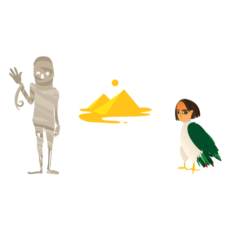 Mummy, great pyramids and harpy woman bird, symbols of Egypt, flat cartoon vector illustration isolated on white background. Flat cartoon pyramids, mummy and harpy, symbols of Egyptian cultureのイラスト素材