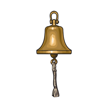 Antique brass, copper ship bell with rope, cartoon vector illustration isolated on white background. Cartoon hand drawn illustration of shiny antique brass ship bellのイラスト素材