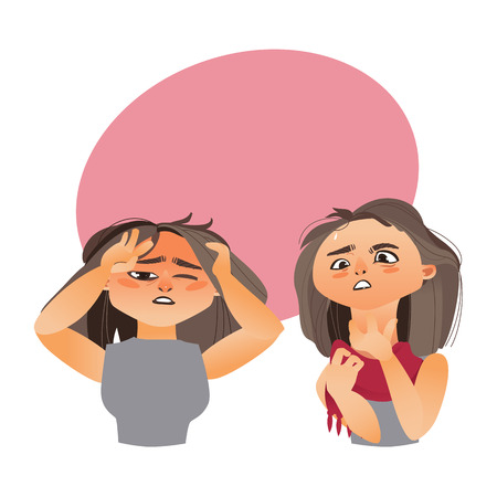 Woman having flu symptoms - headache and sore throat, cartoon vector illustration isolated on white background with speech bubbleのイラスト素材