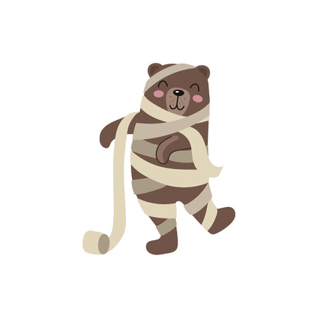 vector flat cartoon funny bear wrapped in toilet paper like mummy. Isolated illustration on a white background. Fancy Halloween outfit for an animal conceptのイラスト素材