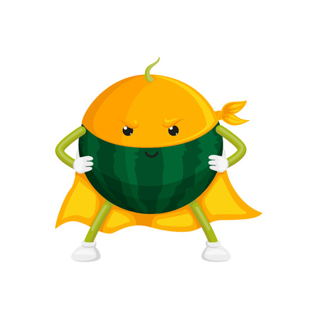 vector cartoon watermelon character in yellow cape, mask standing with hands on belt. Isolated illustration on a white background. Stylized fruit and vegetable super hero protecting peoples healthのイラスト素材