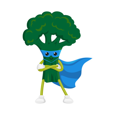 vector flat cartoon broccoli character in blue cape, mask standing with hands crossed on chest. Isolated illustration on a white background. Funny fruit, vegetable super hero protecting people healthのイラスト素材