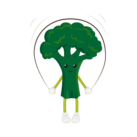 vector flat funny broccoli character jumping at rope. Cheerful humanized vegetable makes exercises with skipping rope. Isolated illustration on a white background. Healthy, sportive lifestyle conceptのイラスト素材