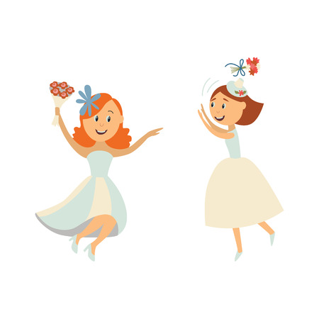 vector flat cartoon bride wearing white dress, veil throwing her bouquet in air, another one dances smiling. Illustration isolated on a white background. Wedding, marriage concept character designのイラスト素材