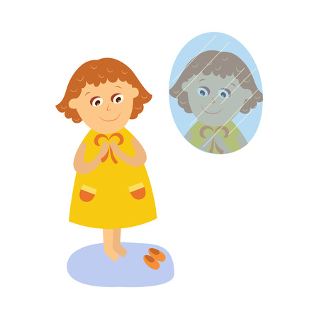 vector flat cartoon girl kid dressing in front of the mirror. Isolated illustration on a white background. Happy child character, daily routine concept.のイラスト素材