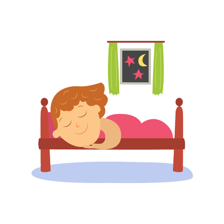 vector flat cartoon girl kid sleeping in her bed under warm blanket happily smiling. Isolated illustration on a white background. Happy child character, daily routine concept.のイラスト素材