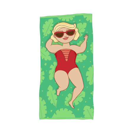 vector flat cartoon caucasian plump woman in red swimsuit lying on green decorated beach mat in sunglasses. Female cute character sunbathing at summer. Isolated illustration on a white background.のイラスト素材
