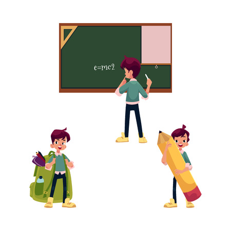 vector flat teenage man, schoolboy set. Male character keeps big pencil in hand, another boy wears schoolbag, teenager stands in front of blackboard. Flat isolated illustration on a white background.のイラスト素材