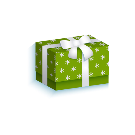 vector flat present gift box with white ribbon and bow. Isolated illustration on a white background. Green glossy wrapping with white snowflakes Winter sybols conceptのイラスト素材