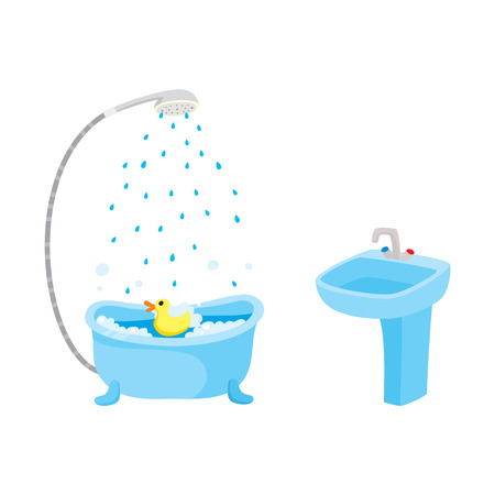 vector flat cartoon ceramic washbasin or sink with metal mixer faucet, bathtube with shower set. Isolated illustration on a white background. Daily routine activities and objects conceptのイラスト素材