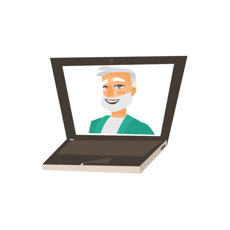 vector flat cartoon adult male grey-haired doctor, head physician in green medical clothing smiling avatar in laptop. Isolated illustration on a white background. Internet consultation conceptのイラスト素材
