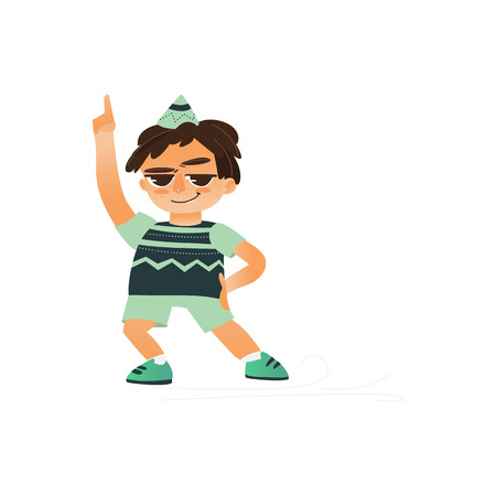 vector flat cartoon boy child dancing alone in green clothing and party hat smiling. Little dancer male character. Isolated illustration on a white background. Kids party conceptのイラスト素材