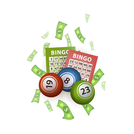 vector flat bingo cartoon lottery tickets, lotto keno jackpot number balls and dollar money rain around. Isolated illustration on a white background. Sign of profit, casino design posterのイラスト素材