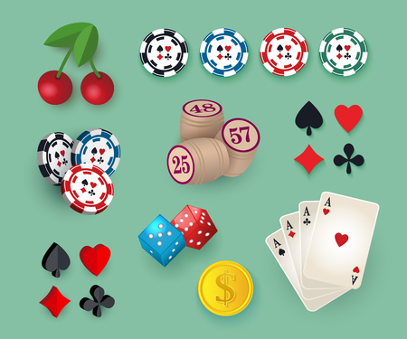 Set of casino symbols - playing cards, chips, tokens, bingo kegs, dices, jackpot and golden coin, vector illustration isolated on white background. Big set, collection of casino, gambling symbolsのイラスト素材