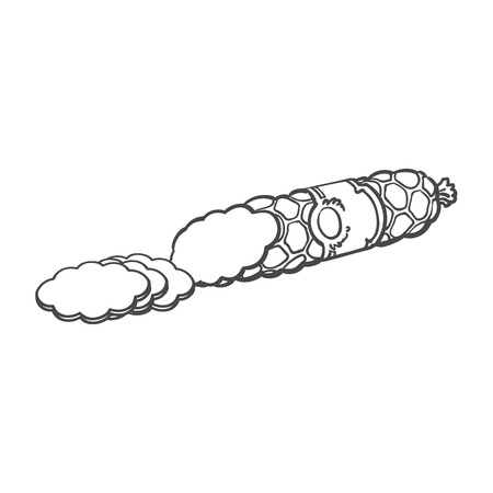 vector sketch salami sausage with slices. Cartoon isolated illustration on a white background. Sausage and meat types conceptのイラスト素材