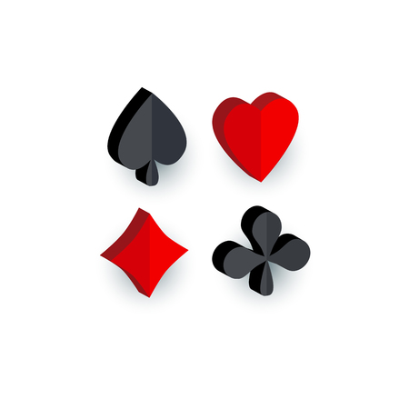 Set of 3D playing card suit signs - hearts, spades, clubs, diamonds, flat cartoon vector illustration isolated on white background. Playing card suits - hearts, spades, clubs, diamondsのイラスト素材