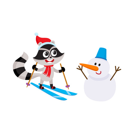 Cute little skiing raccoon character and funny snowman, winter activity, cartoon vector illustration isolated on white background. Little skiing raccoon character and snowman, having fun in winterのイラスト素材