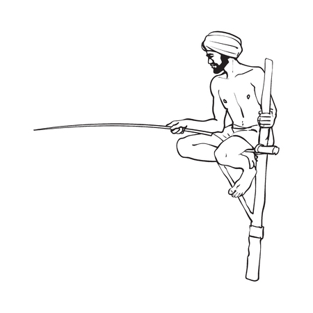 vector sketch cartoon local indian man in handscarf pagri or turban fishing by wooden stick sitting at wooden stilt pillar. Traditionally dressed male character, hand drawn sri-lanka , india symbolsのイラスト素材