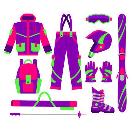 Big set of flat style skiing objects - jacket, pants, boot, goggle, gloves, poles, pole bag, helmet, backpack, vector illustration isolated on white background. Flat vector set of skiing objectsのイラスト素材