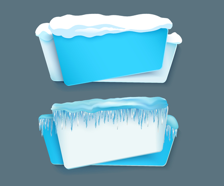 vector cartoon realistic white, blue winter empty banner templates wit snow caps, icicles set. Illustration on grey background with space for your text. Christmas, new year holidays design elementのイラスト素材