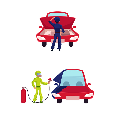vector flat cartoon man, boy mechanic in green protecting workwear painting red car into blue with spray, man repairing vehicle standing near open hood set. Isolated illustration on a white backgroundのイラスト素材